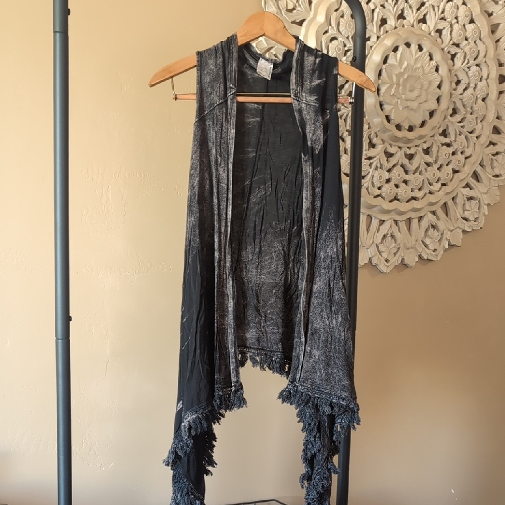 American Age Fringed Tie-Dye Black and Gray Cover-Up